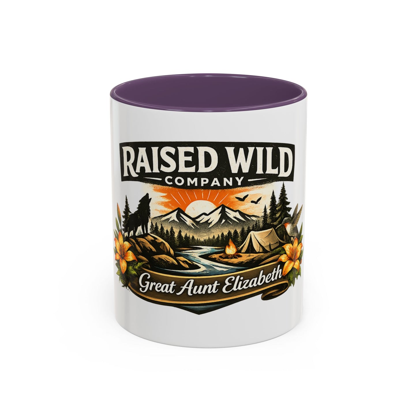 Raised Wild Coffee Mug – Personalized “Great Aunt Elizabeth” Camping Floral Design (11/15oz)