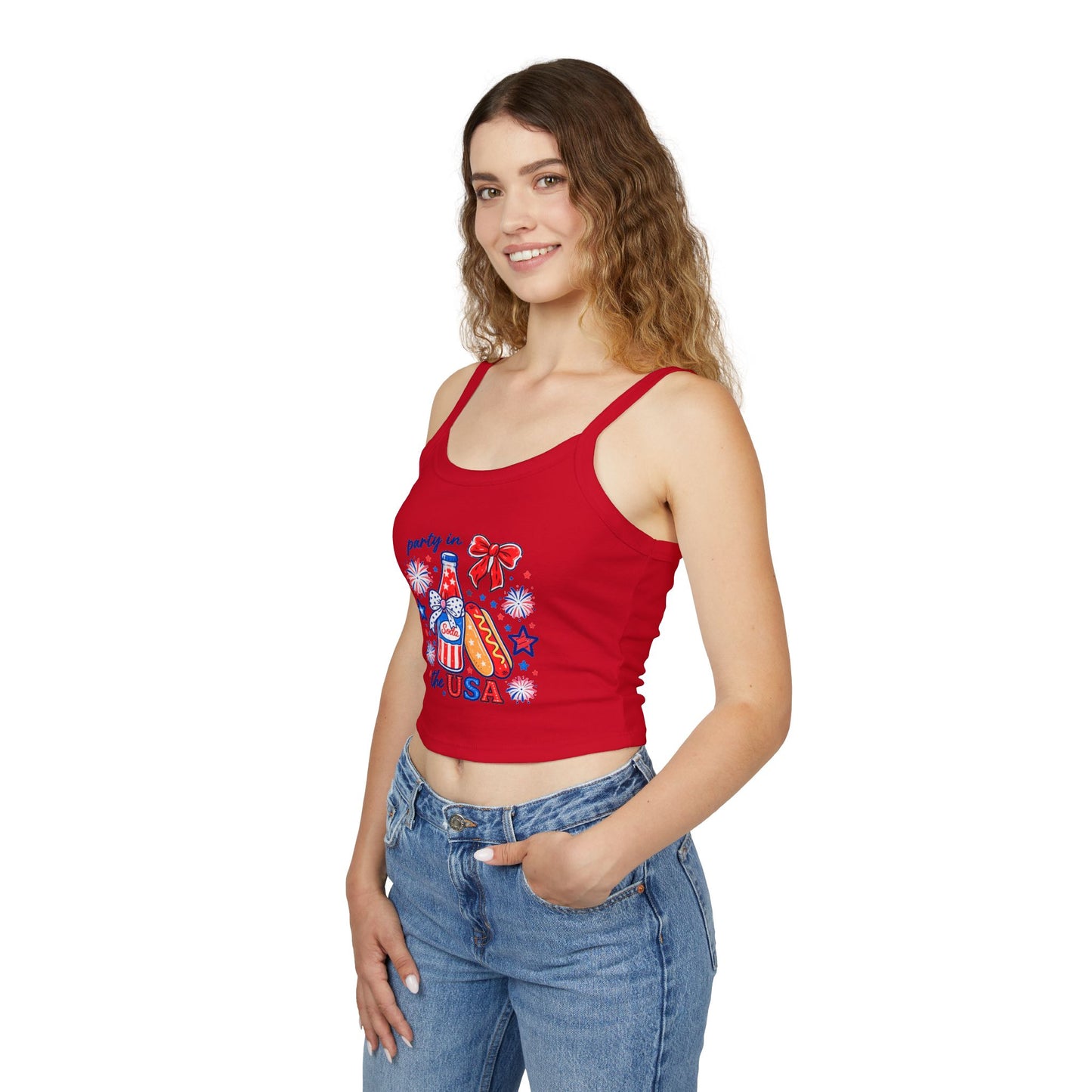 Patriotic 'Party in the USA' Women's Tank Top — 4th of July Hot Dog & Soda Graphic
