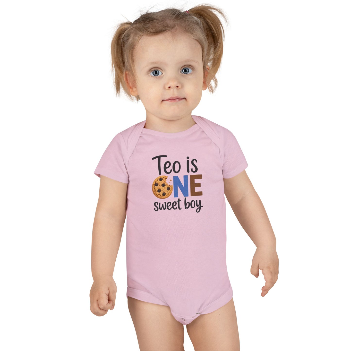 Baby Onesie - "Teo is ONE" Sweet Boy 1st Birthday Bodysuit (Cookie & Cow Print)