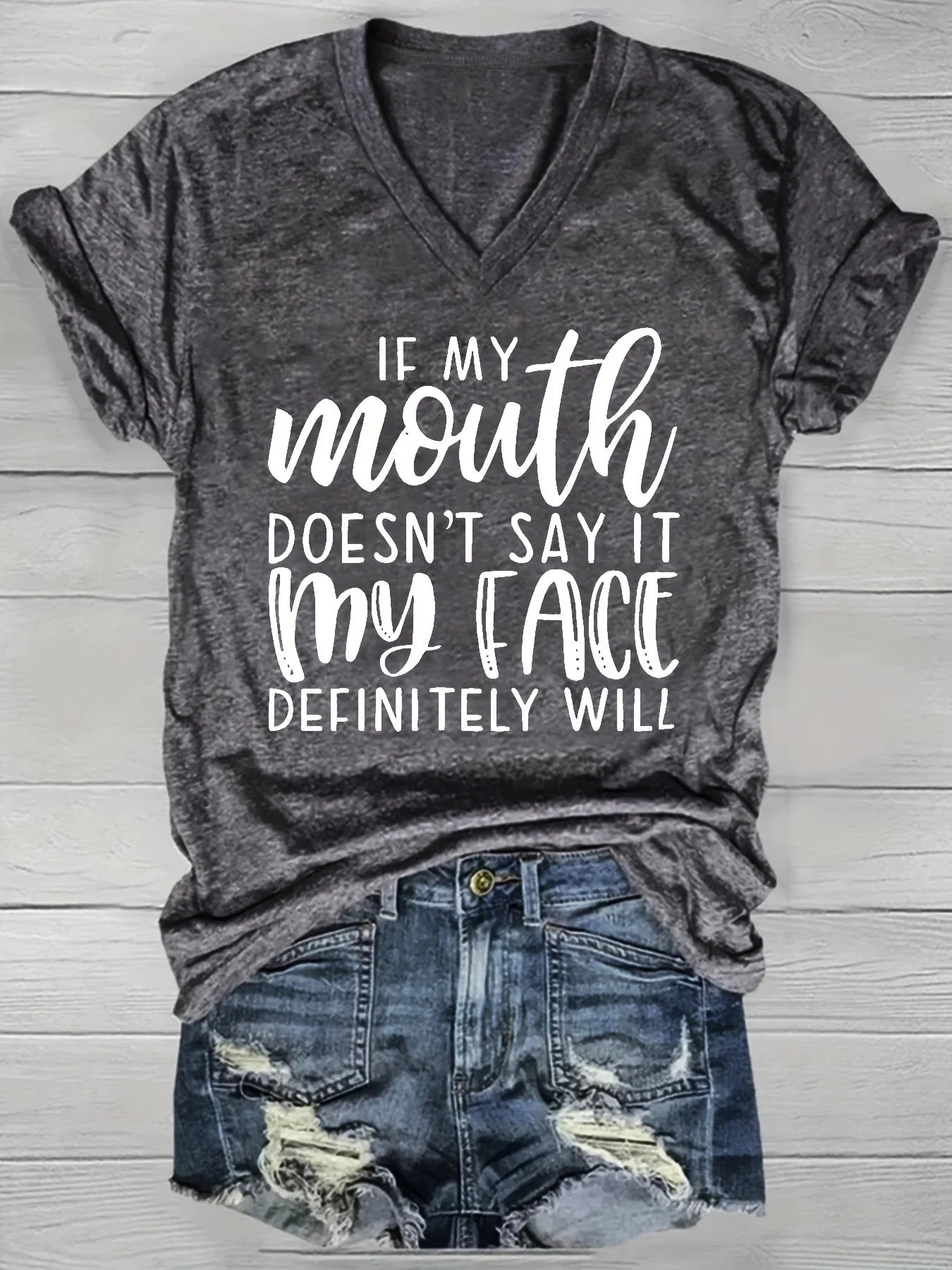 If My Mouth Doesn't Say It My Face Definitely Will Women's V-Neck Tee - Casual Green Graphic Top