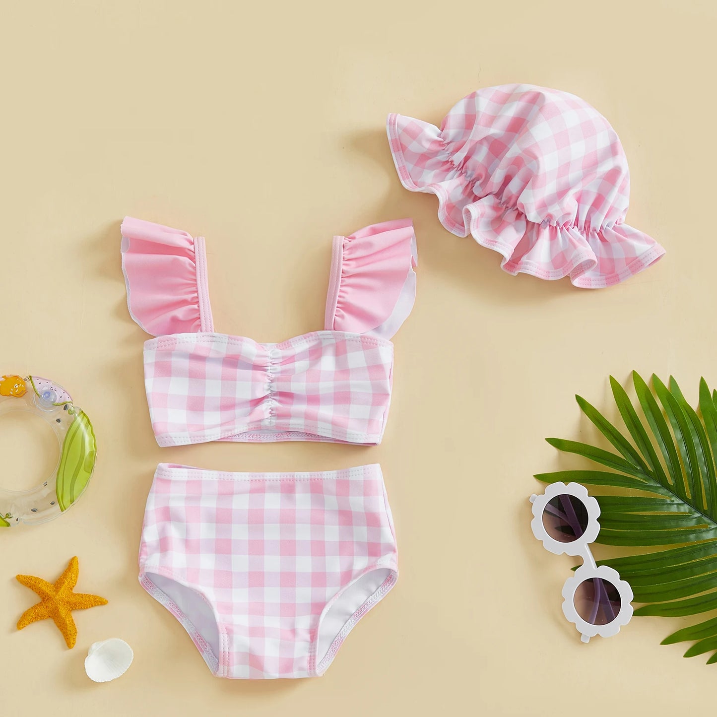 Children 3Pcs Beachwear Baby Girl Bikini Swimsuit Infant Casual Bathing Suit Newborn Swimwear Plaid Fly Sleeve Tank Tops Shorts