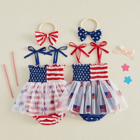 Infant Baby Girl Bodysuits Outfit Independence Day Sleeveless Tie up Shoulder Strap Star Stripe Print Romper Dress and Headband