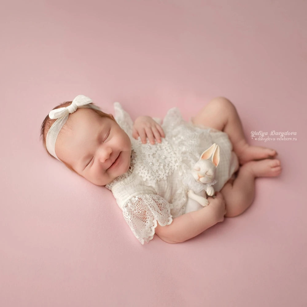 Baby Girl Lace Ruffle Open Back Romper Bow Headband Newborn Photography Props Infant Photo Shoot Outfit Newborn Prop
