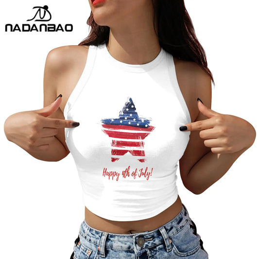 Nadanbao Women's Summer Independence's Day American Flag Print Tight Breathable and Comfortable Sleeveless Sexy Tank Top T-Shirt