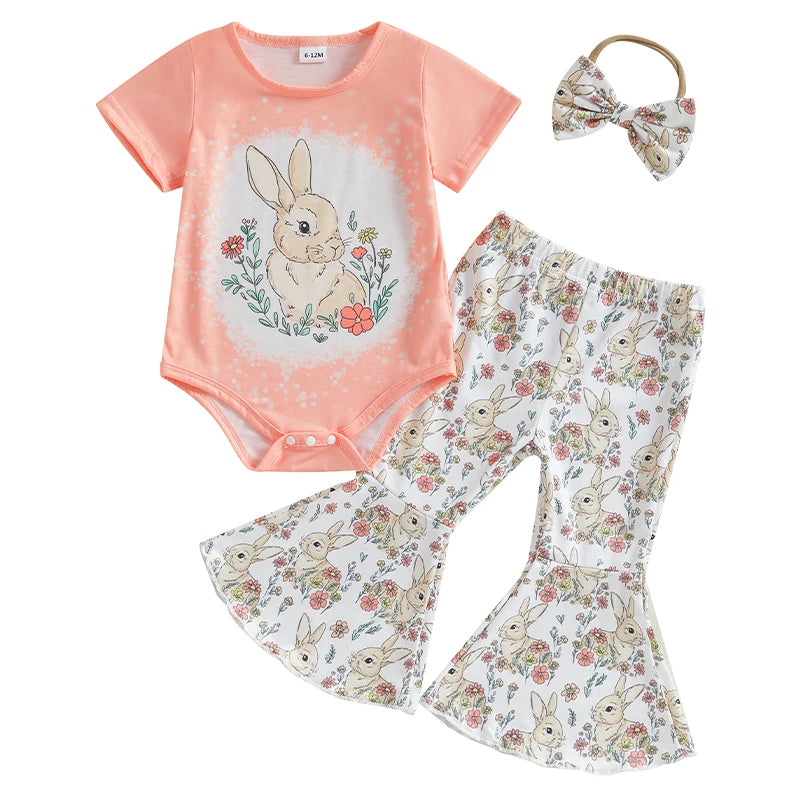 Baby Girls Easter Outfits with Bow Headband Bunny Pattern Rompers with Flared Pants 3 Pcs Newborn Clothes Set
