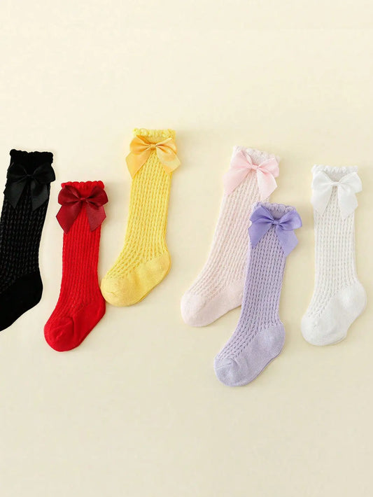 1 Pair of Bows Decoration Babies Cotton Summer Mesh Lace Knee Socks Toddler Princess Long Socks for 0-36 Months Baby Girls Wear