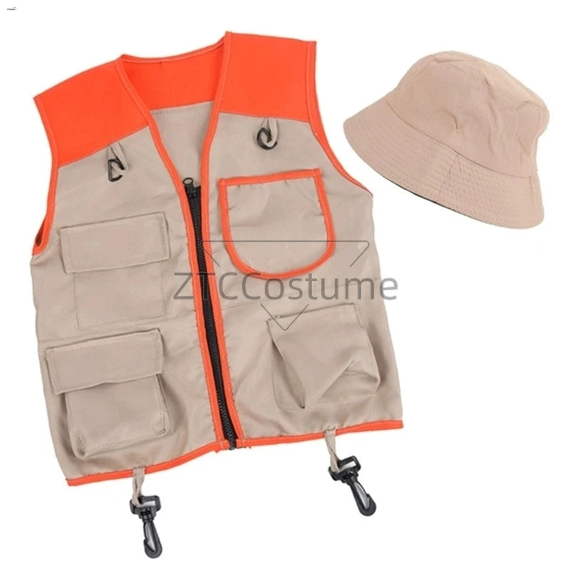 Kids Explorer Vest and Hat Costume Safari Cargo Vest Boys Outdoor Adventure Kit Halloween Cosplay Dress Up Pretend Play Costumes