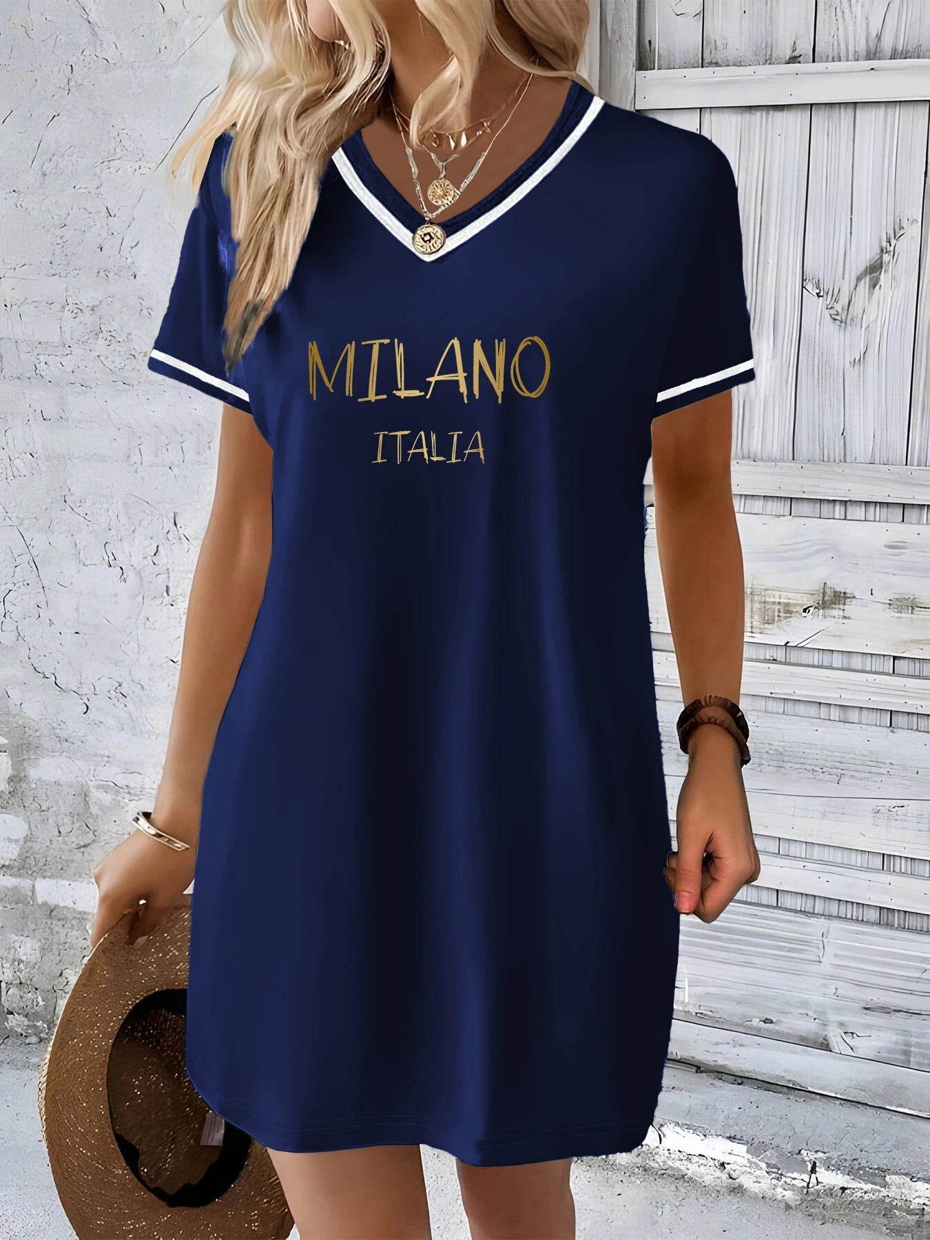 Color-Block V-Neck T-Shirt Dress | Loose Fit | Women's S–XXL