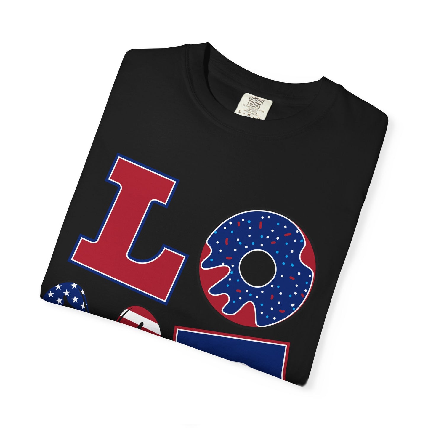 Patriotic LOVE Graphic T-shirt | American Flag Donut Stars & Stripes