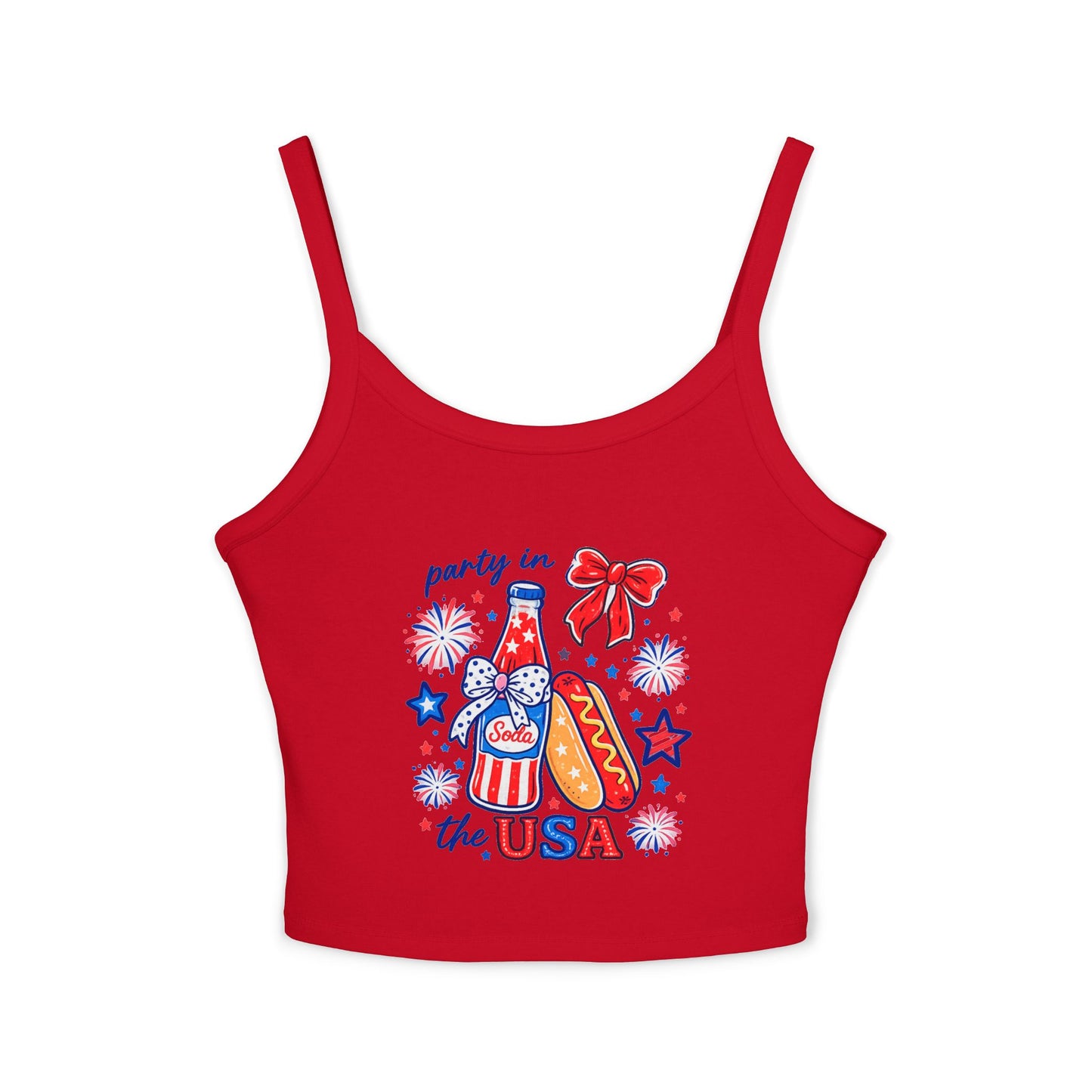 Patriotic 'Party in the USA' Women's Tank Top — 4th of July Hot Dog & Soda Graphic