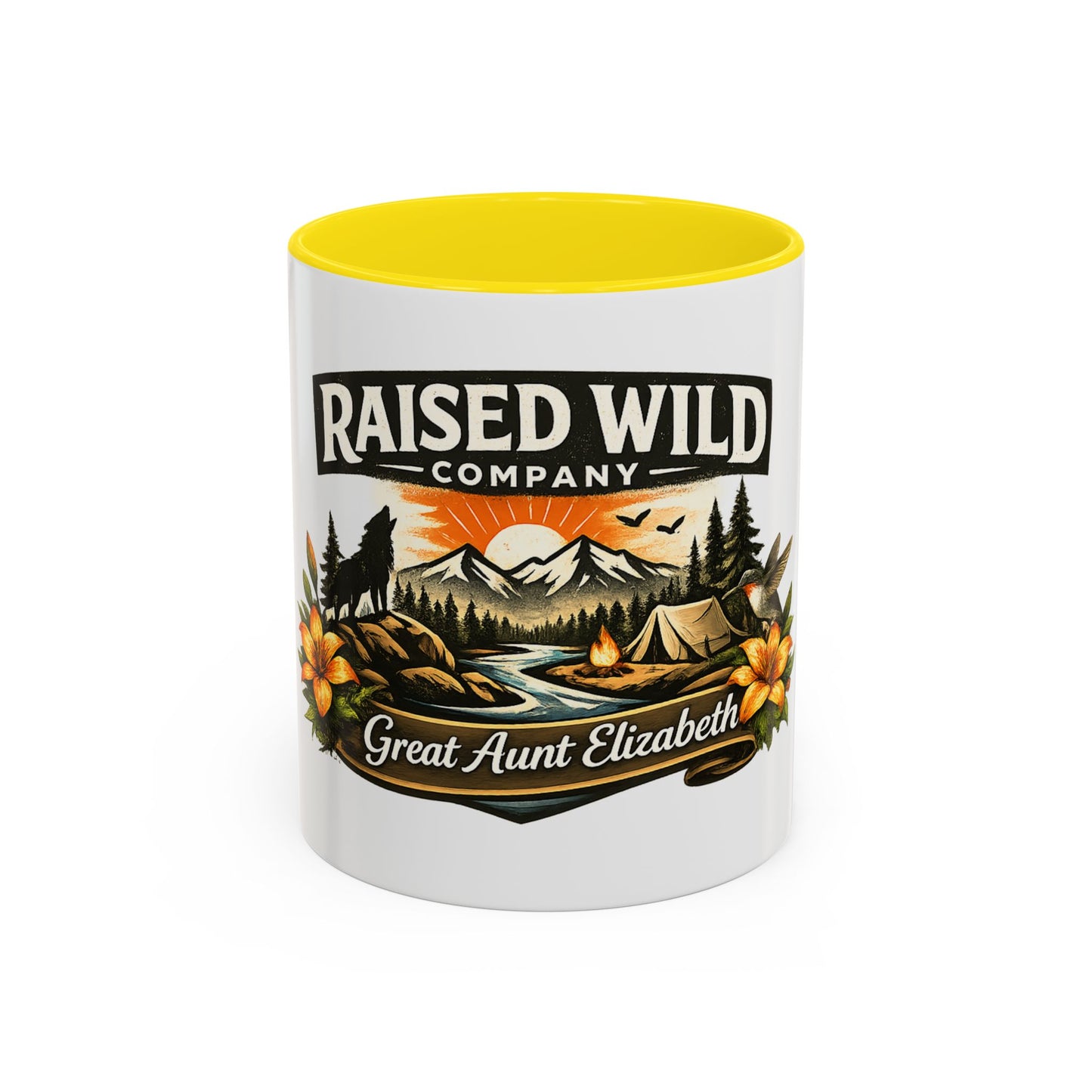 Raised Wild Coffee Mug – Personalized “Great Aunt Elizabeth” Camping Floral Design (11/15oz)