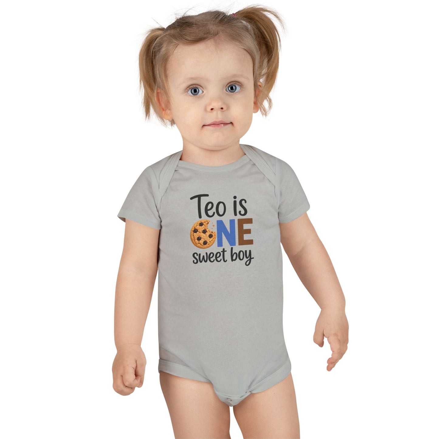 Baby Onesie - "Teo is ONE" Sweet Boy 1st Birthday Bodysuit (Cookie & Cow Print)