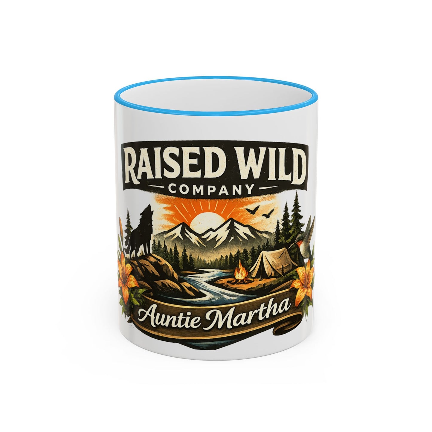 Raised Wild Camping Mug — Personalized 'Auntie Martha' Accent Rim & Handle