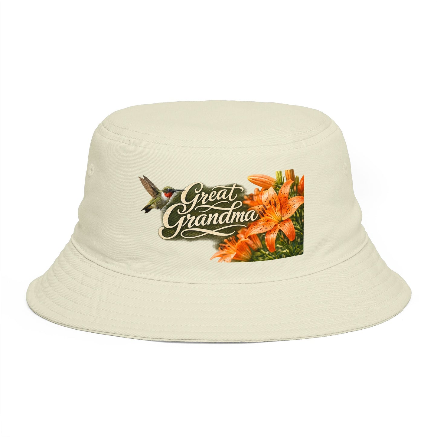 Great Grandma Floral Bucket Hat — Vintage Hummingbird & Lily Gift
