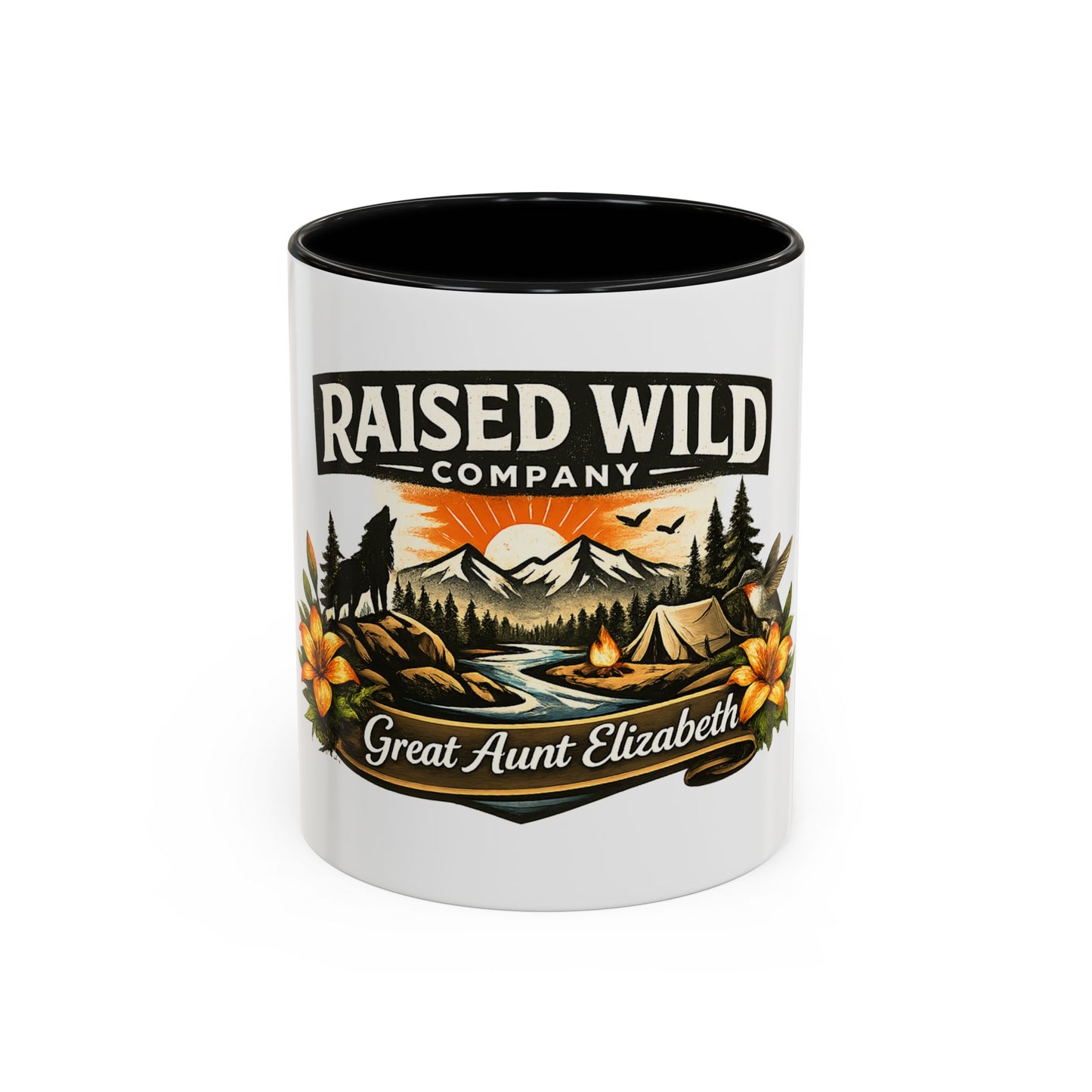 Raised Wild Coffee Mug – Personalized “Great Aunt Elizabeth” Camping Floral Design (11/15oz)