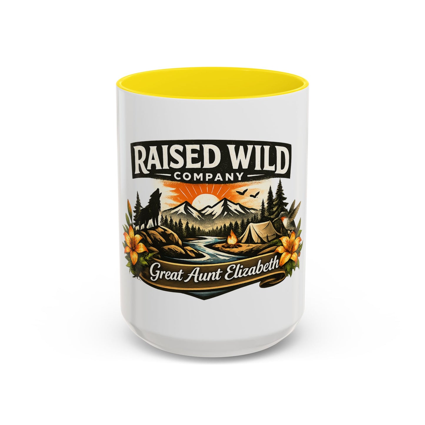 Raised Wild Coffee Mug – Personalized “Great Aunt Elizabeth” Camping Floral Design (11/15oz)