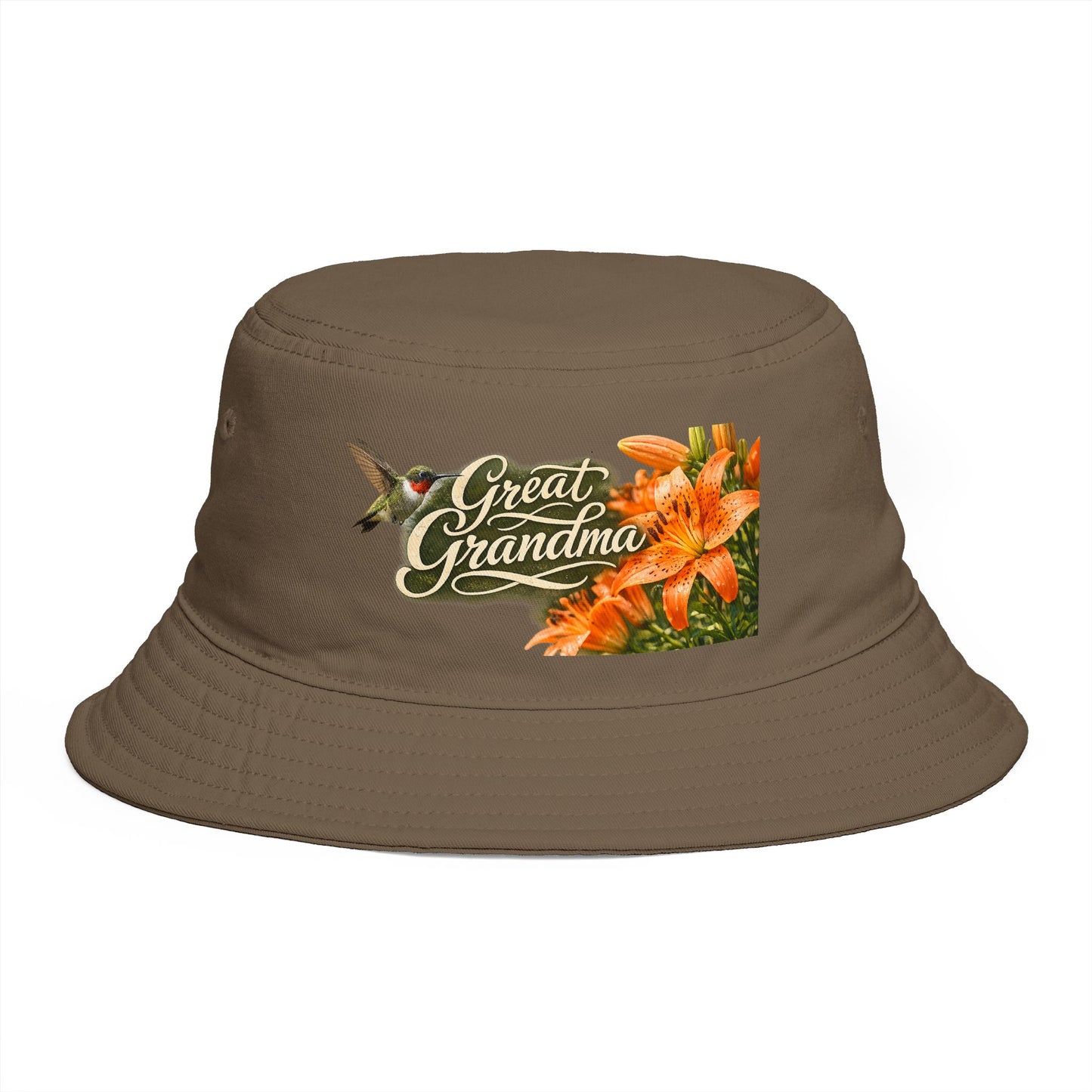 Great Grandma Floral Bucket Hat — Vintage Hummingbird & Lily Gift