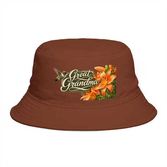 Great Grandma Floral Bucket Hat — Vintage Hummingbird & Lily Gift