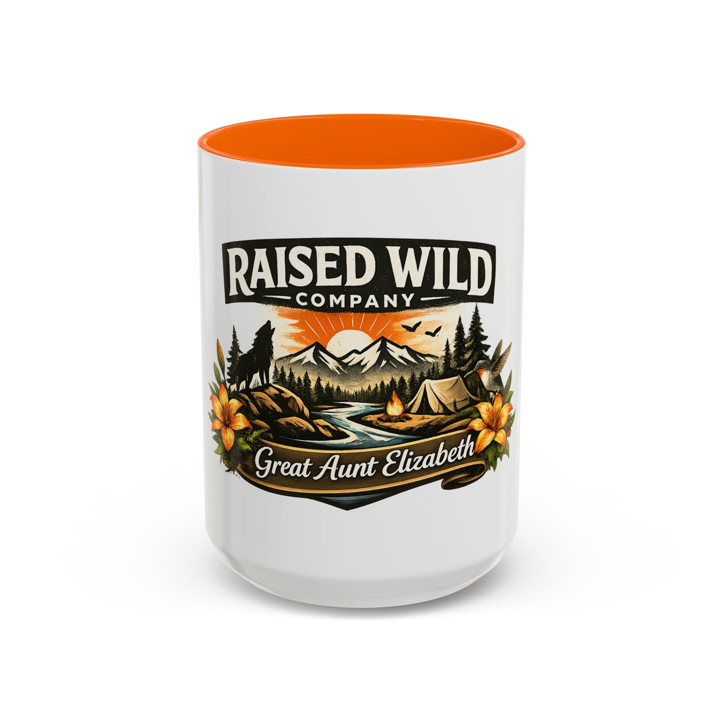 Raised Wild Coffee Mug – Personalized “Great Aunt Elizabeth” Camping Floral Design (11/15oz)
