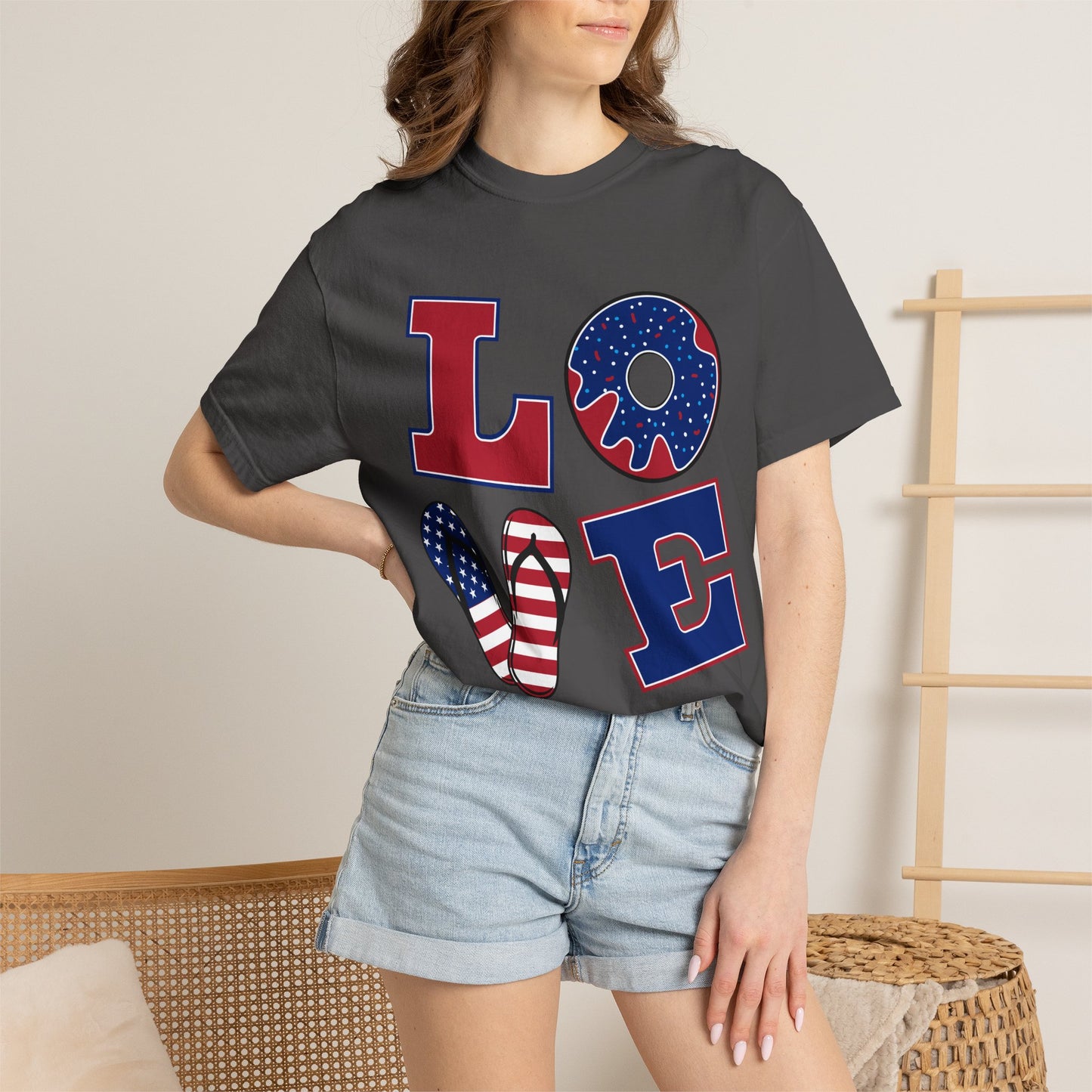 Patriotic LOVE Graphic T-shirt | American Flag Donut Stars & Stripes
