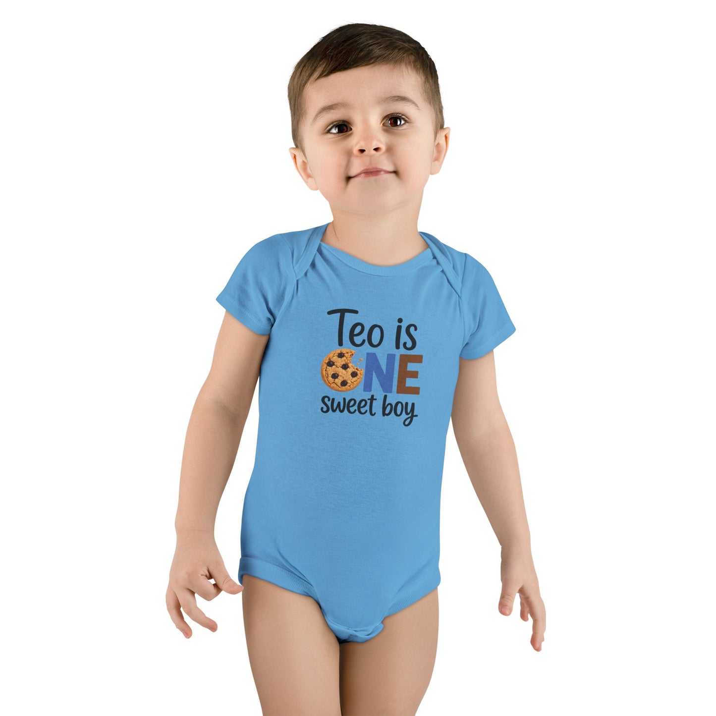 Baby Onesie - "Teo is ONE" Sweet Boy 1st Birthday Bodysuit (Cookie & Cow Print)