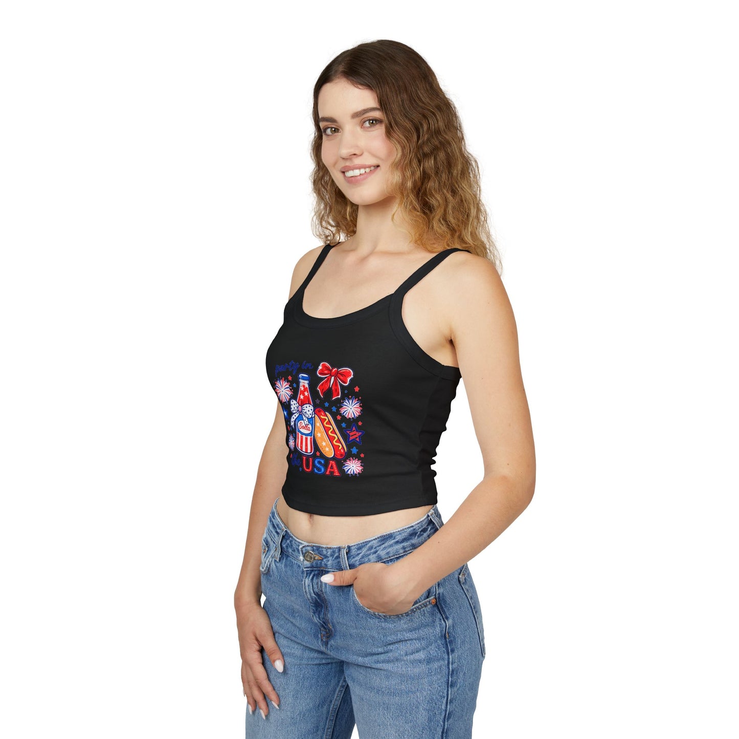 Patriotic 'Party in the USA' Women's Tank Top — 4th of July Hot Dog & Soda Graphic