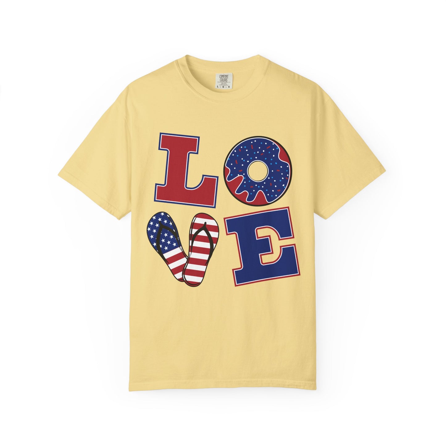 Patriotic LOVE Graphic T-shirt | American Flag Donut Stars & Stripes