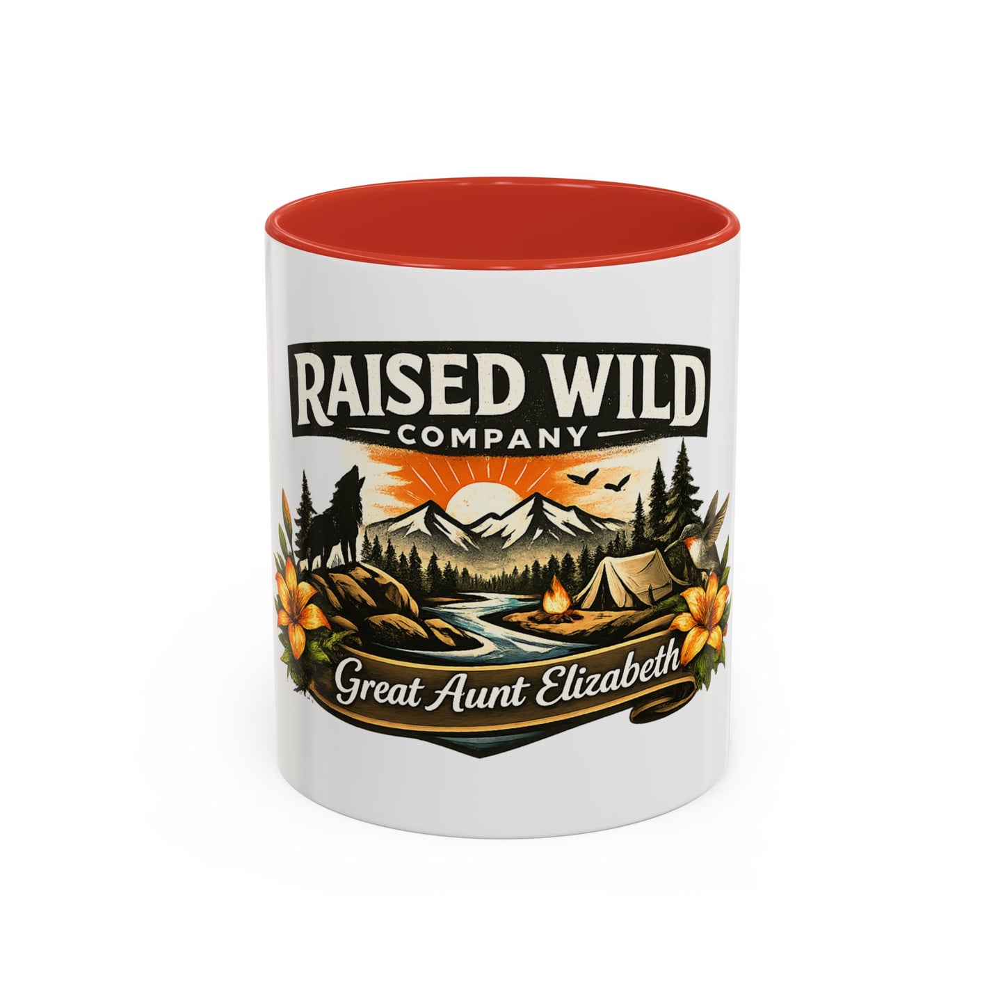 Raised Wild Coffee Mug – Personalized “Great Aunt Elizabeth” Camping Floral Design (11/15oz)