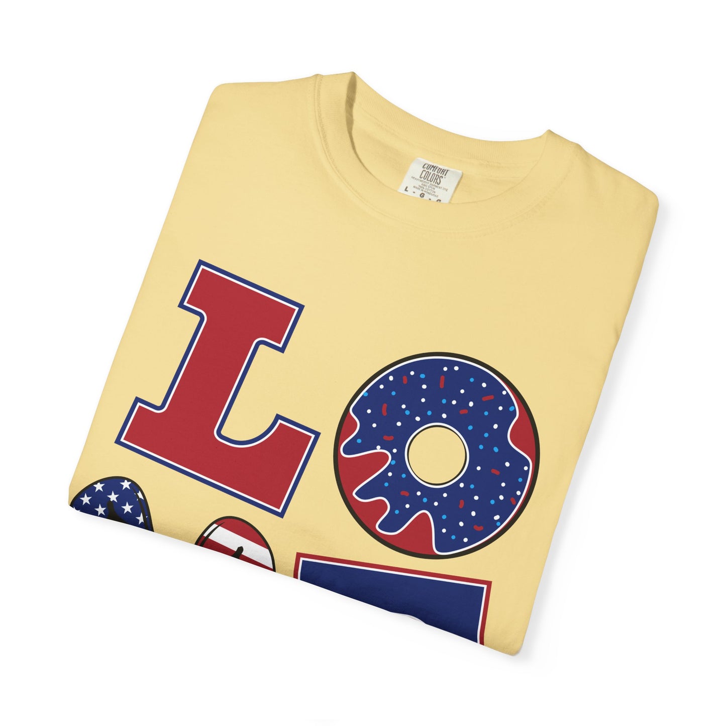 Patriotic LOVE Graphic T-shirt | American Flag Donut Stars & Stripes