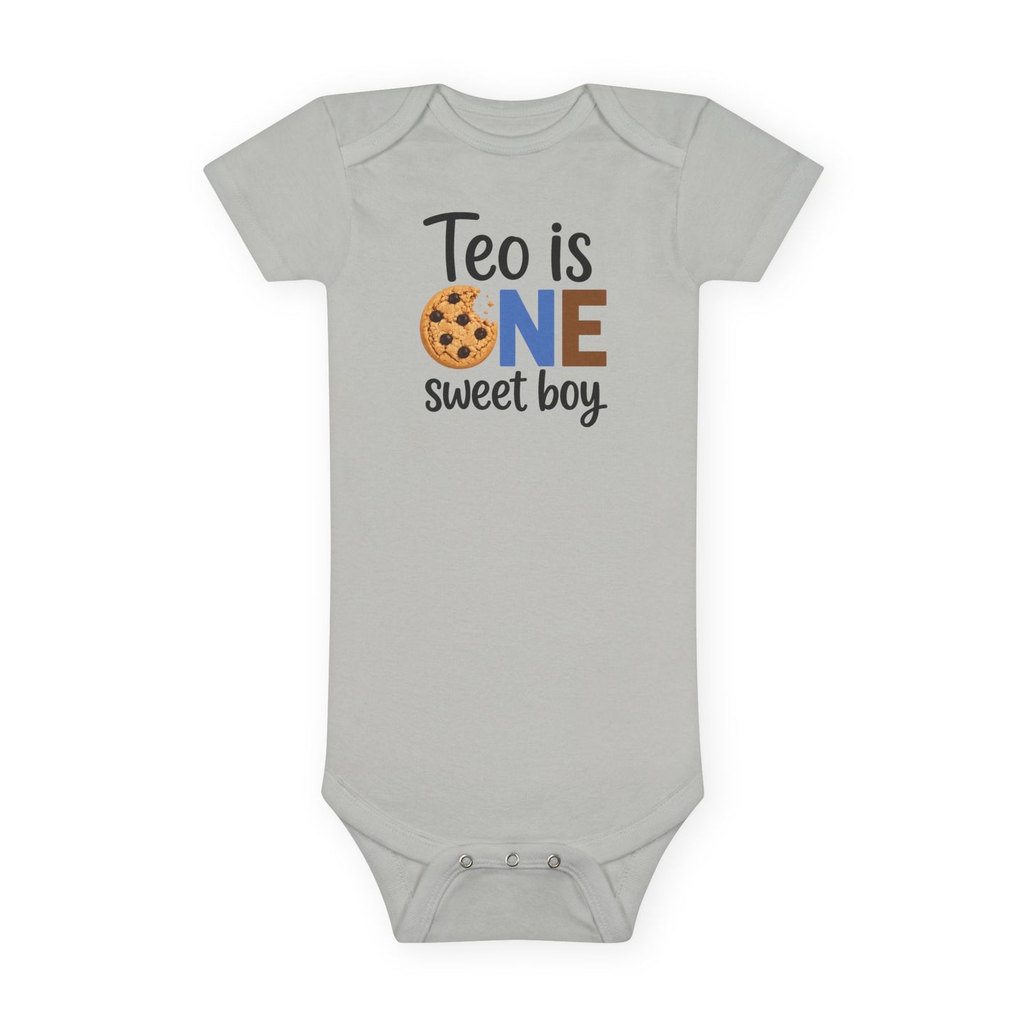 Baby Onesie - "Teo is ONE" Sweet Boy 1st Birthday Bodysuit (Cookie & Cow Print)