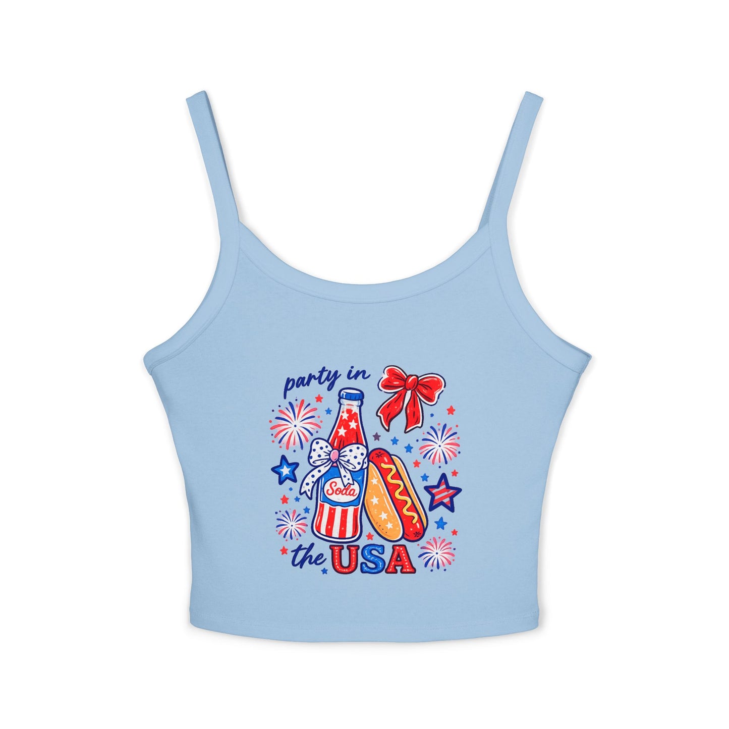 Patriotic 'Party in the USA' Women's Tank Top — 4th of July Hot Dog & Soda Graphic