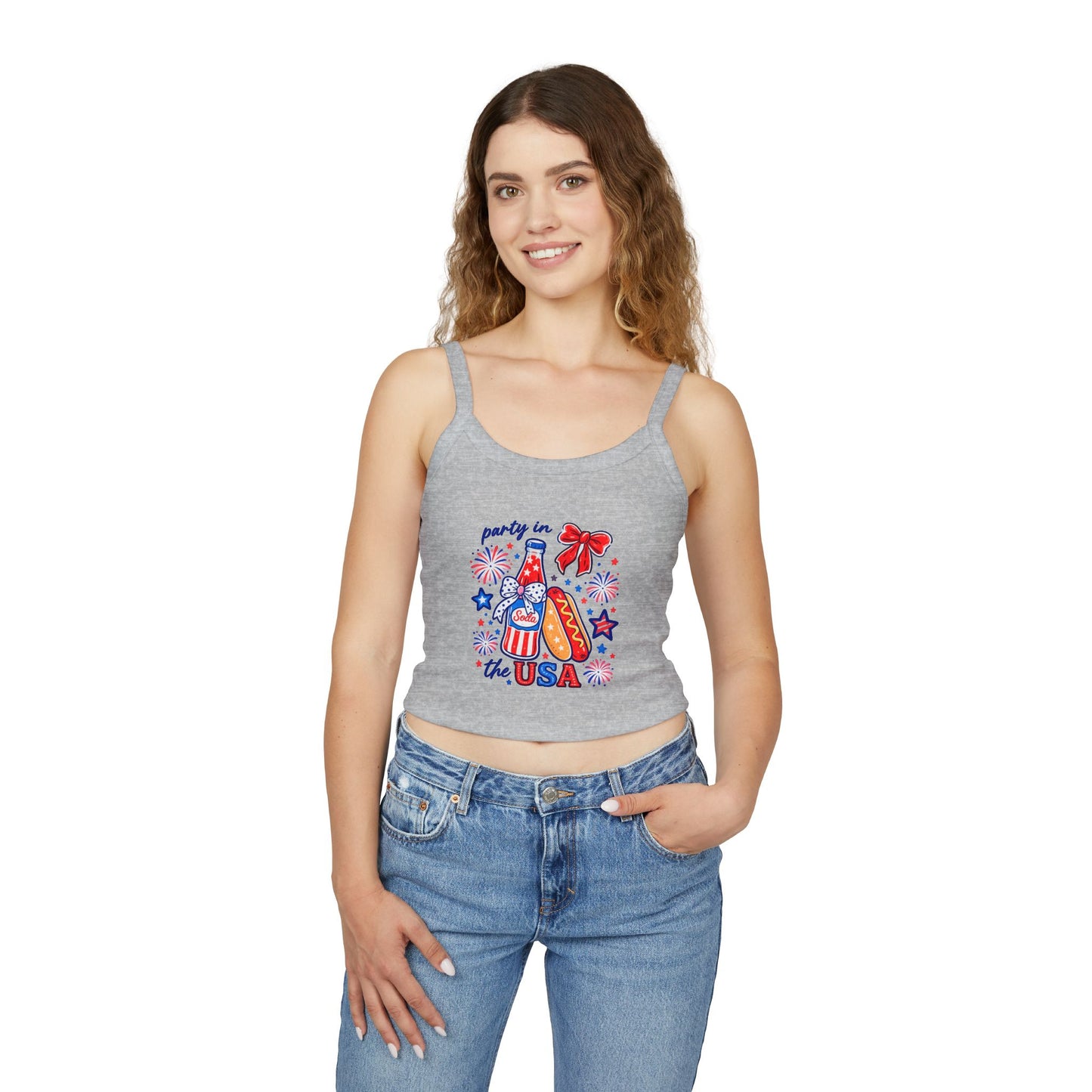 Patriotic 'Party in the USA' Women's Tank Top — 4th of July Hot Dog & Soda Graphic