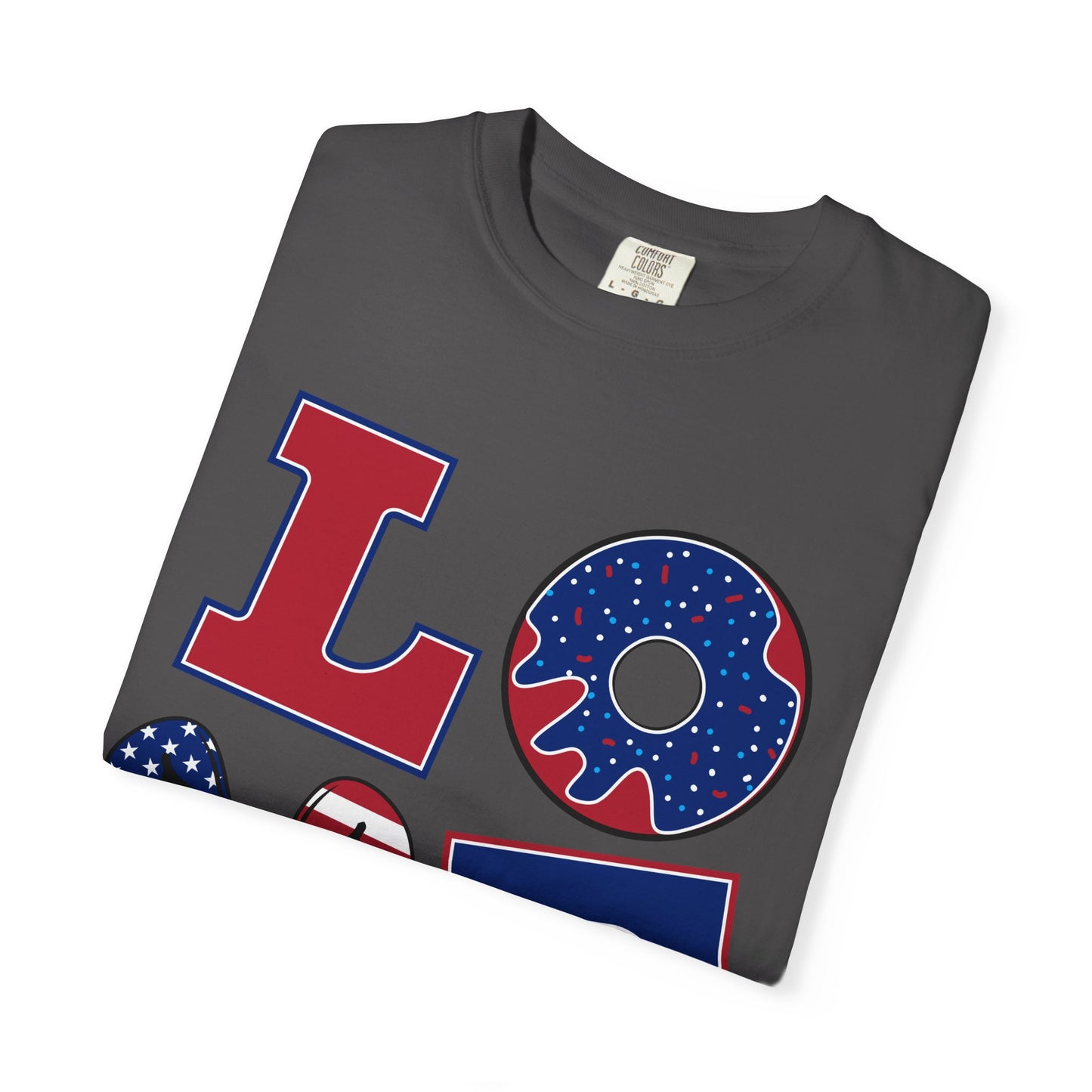 Patriotic LOVE Graphic T-shirt | American Flag Donut Stars & Stripes