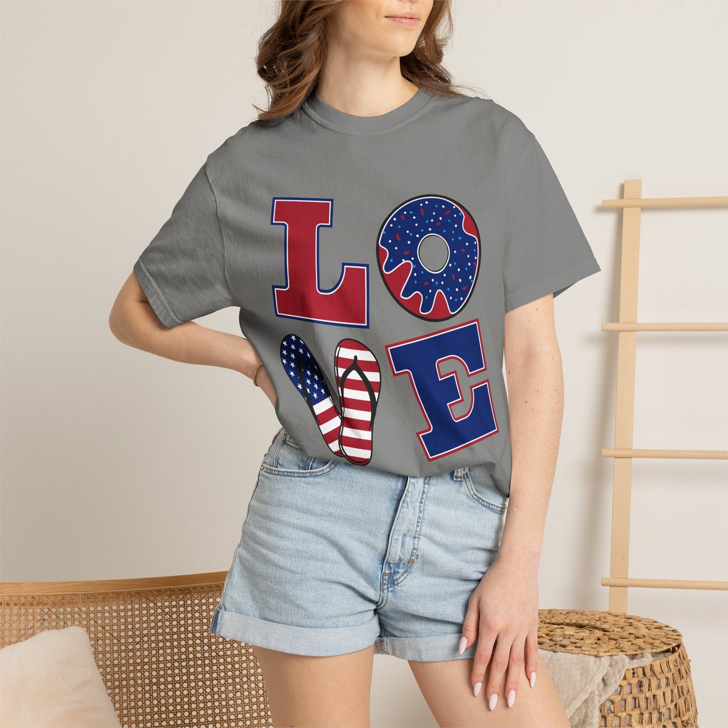 Patriotic LOVE Graphic T-shirt | American Flag Donut Stars & Stripes