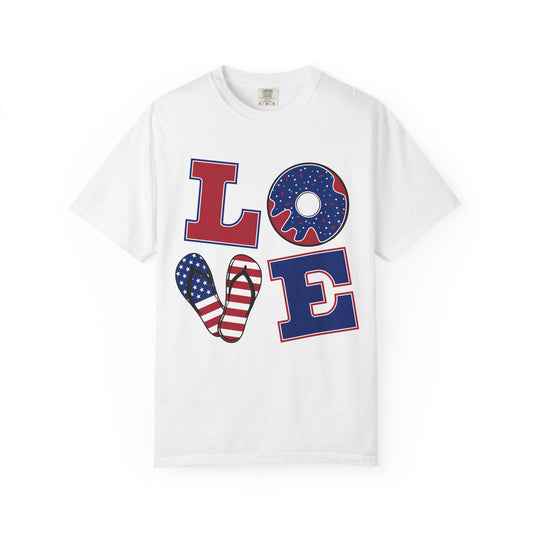 Patriotic LOVE Graphic T-shirt | American Flag Donut Stars & Stripes