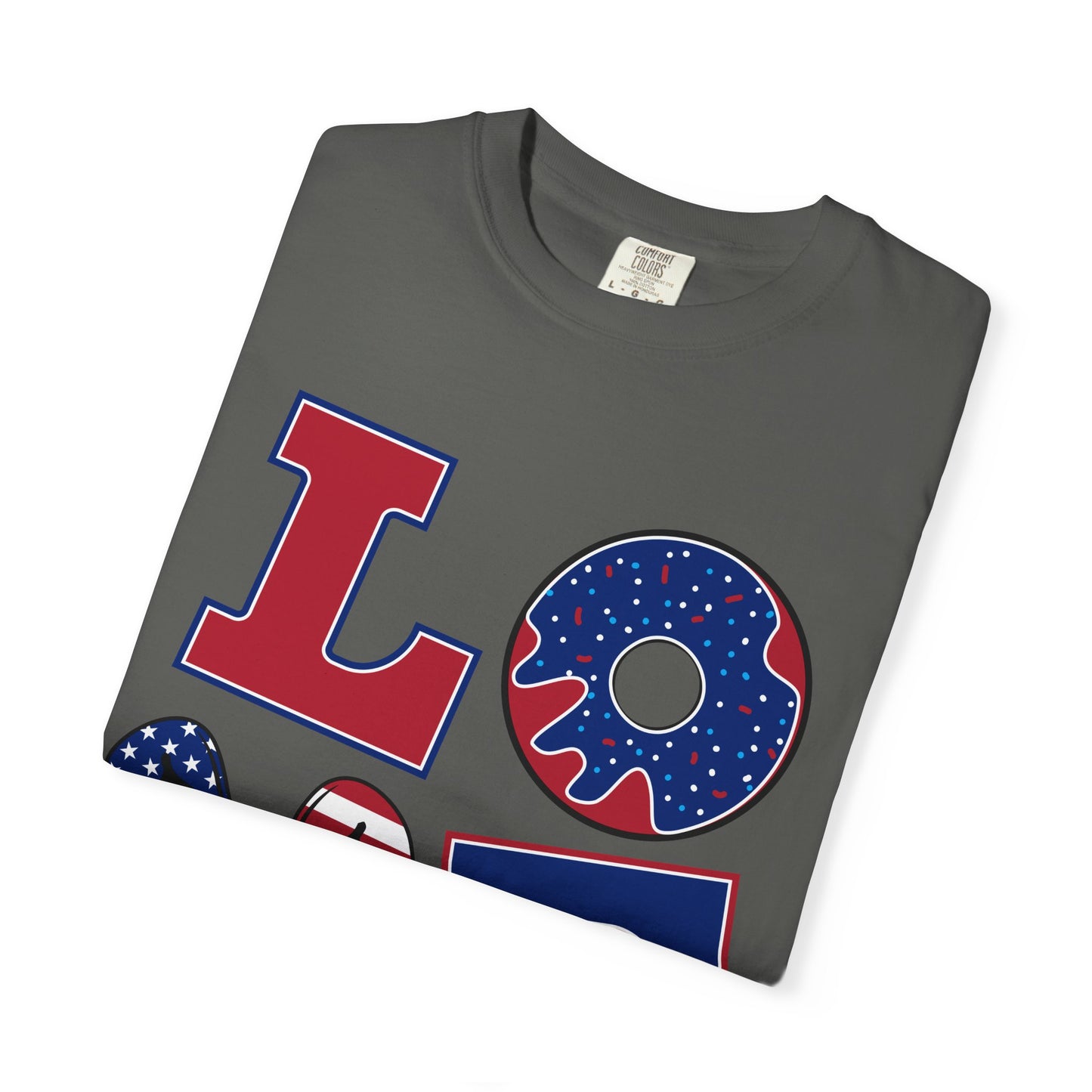 Patriotic LOVE Graphic T-shirt | American Flag Donut Stars & Stripes