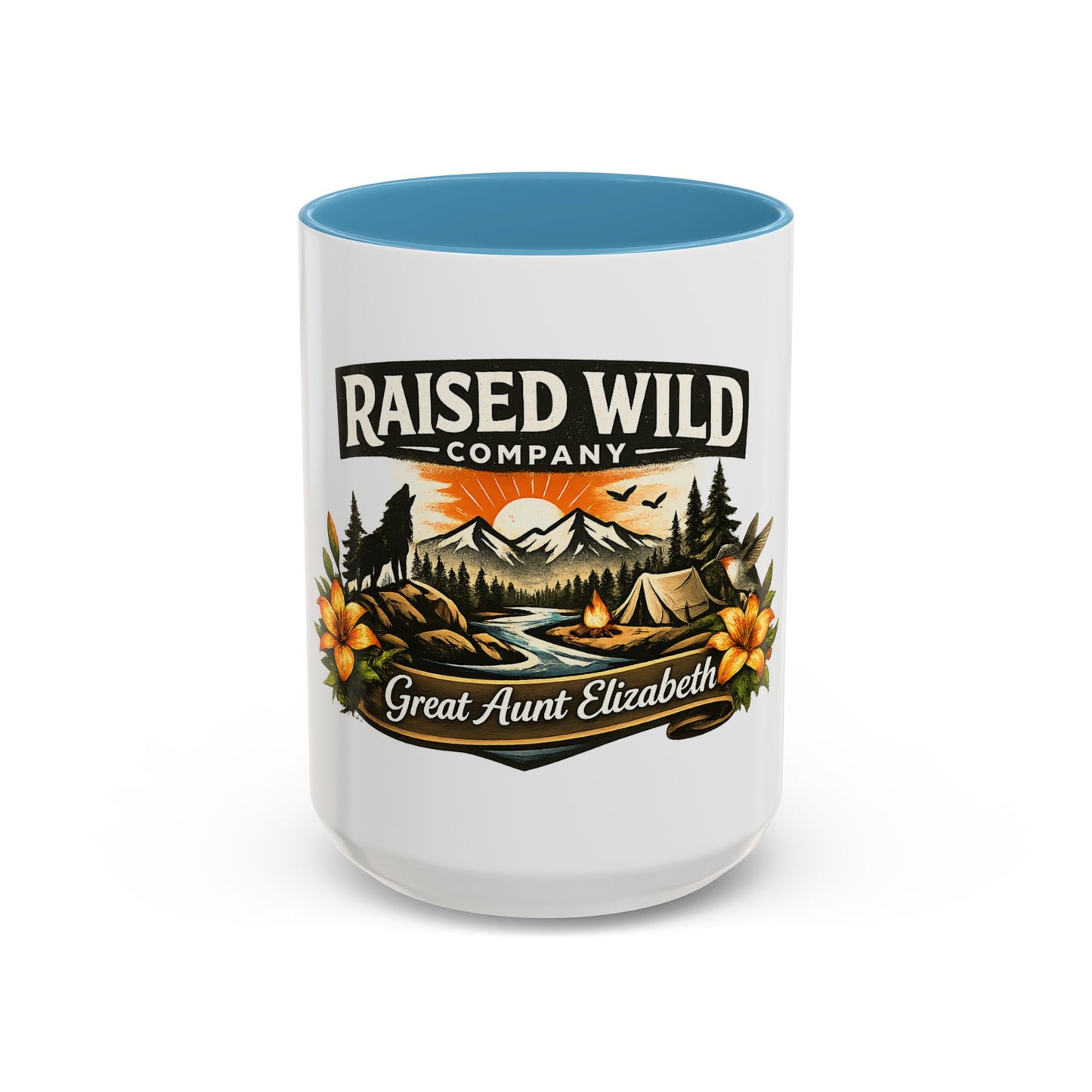 Raised Wild Coffee Mug – Personalized “Great Aunt Elizabeth” Camping Floral Design (11/15oz)