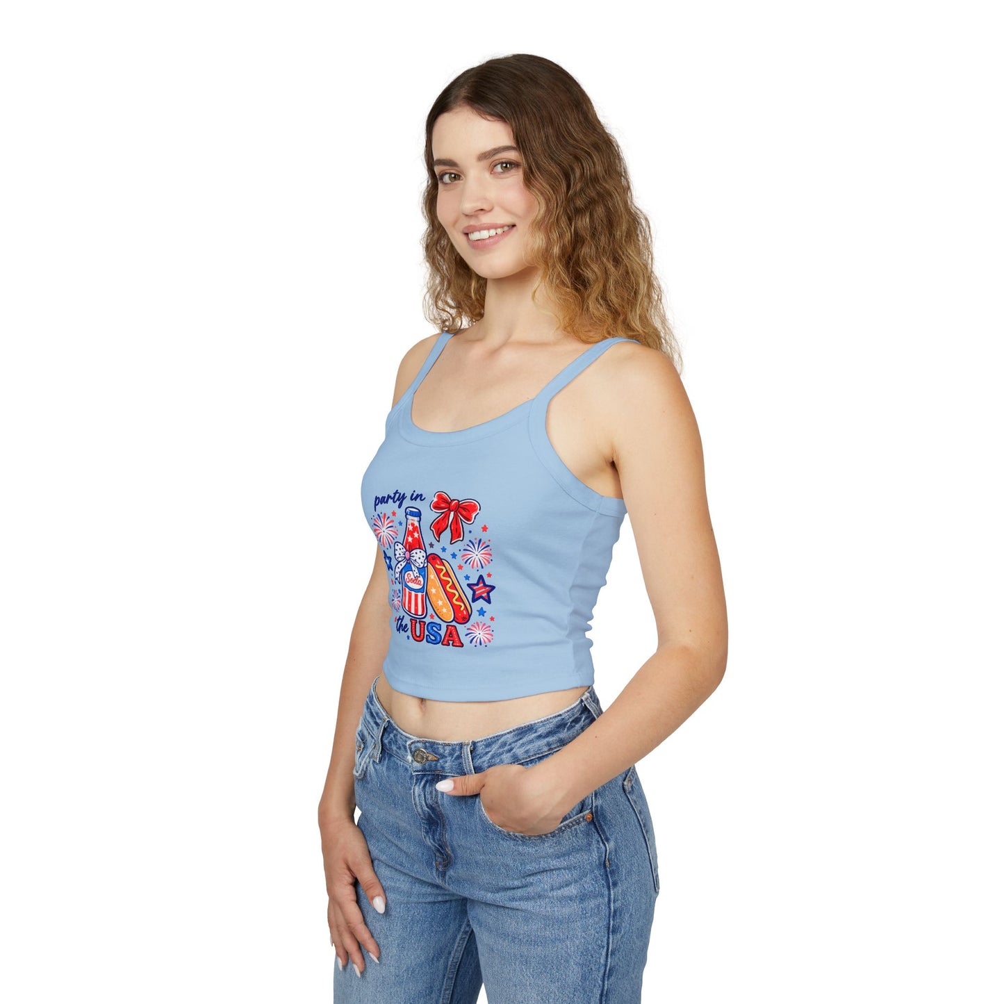 Patriotic 'Party in the USA' Women's Tank Top — 4th of July Hot Dog & Soda Graphic