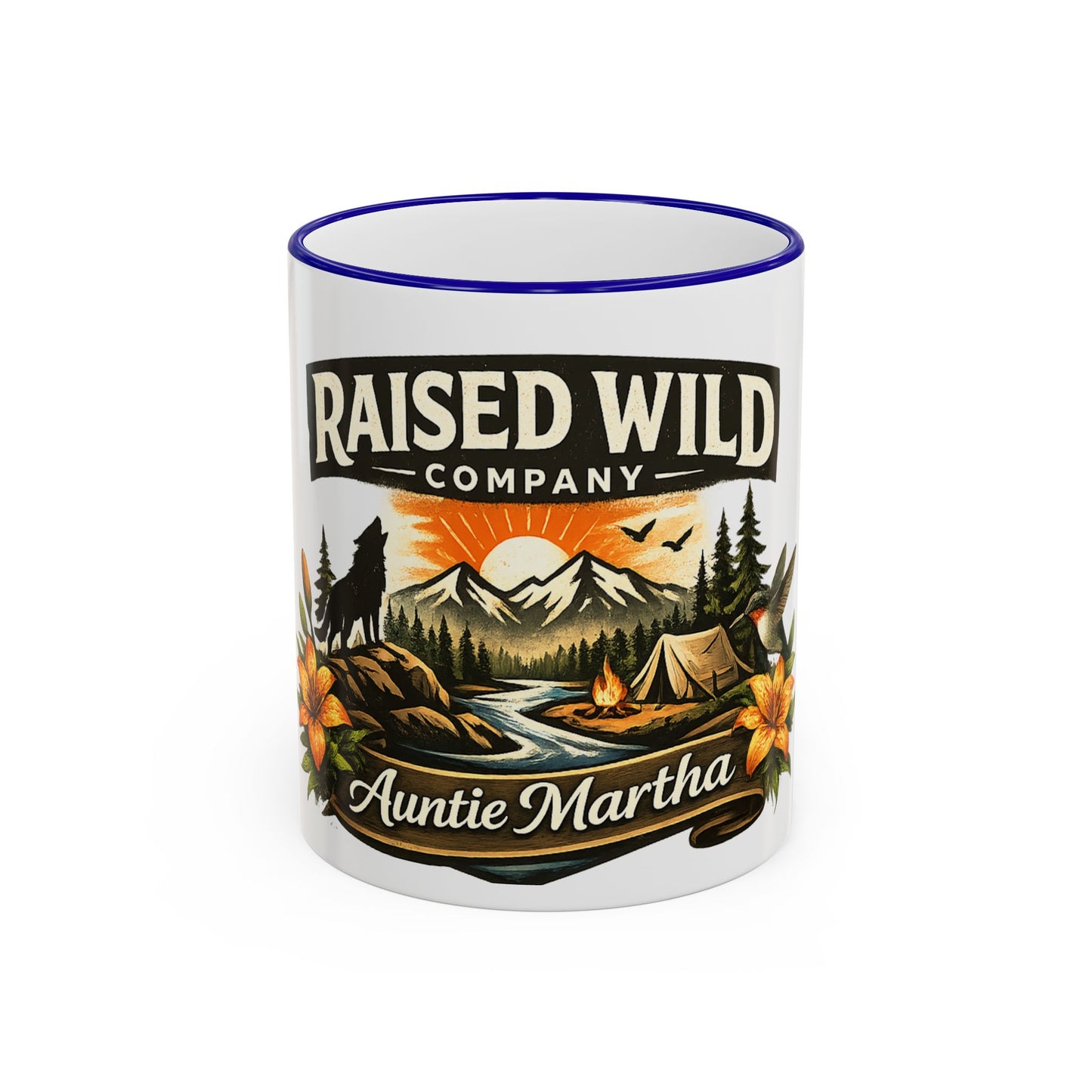 Raised Wild Camping Mug — Personalized 'Auntie Martha' Accent Rim & Handle