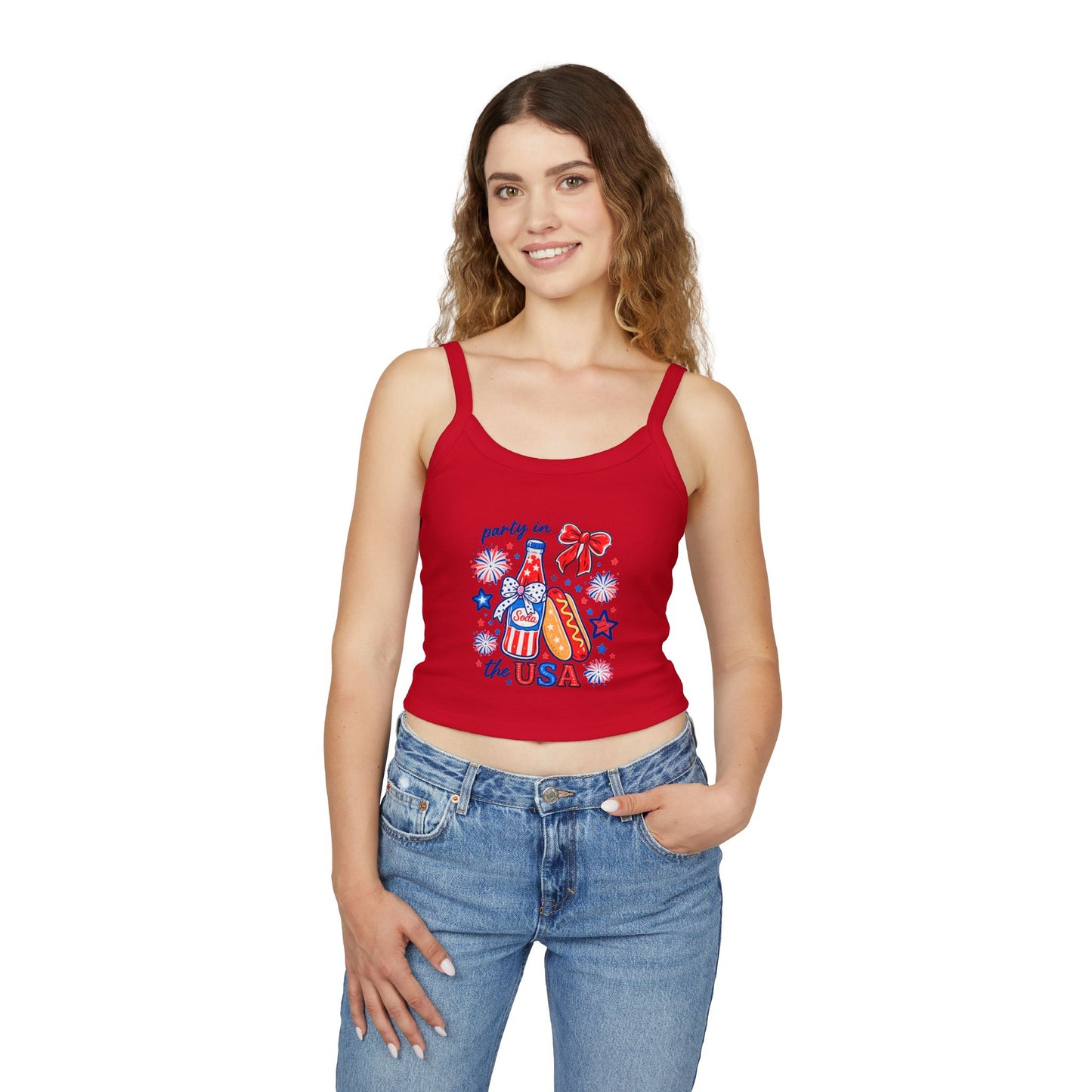 Patriotic 'Party in the USA' Women's Tank Top — 4th of July Hot Dog & Soda Graphic