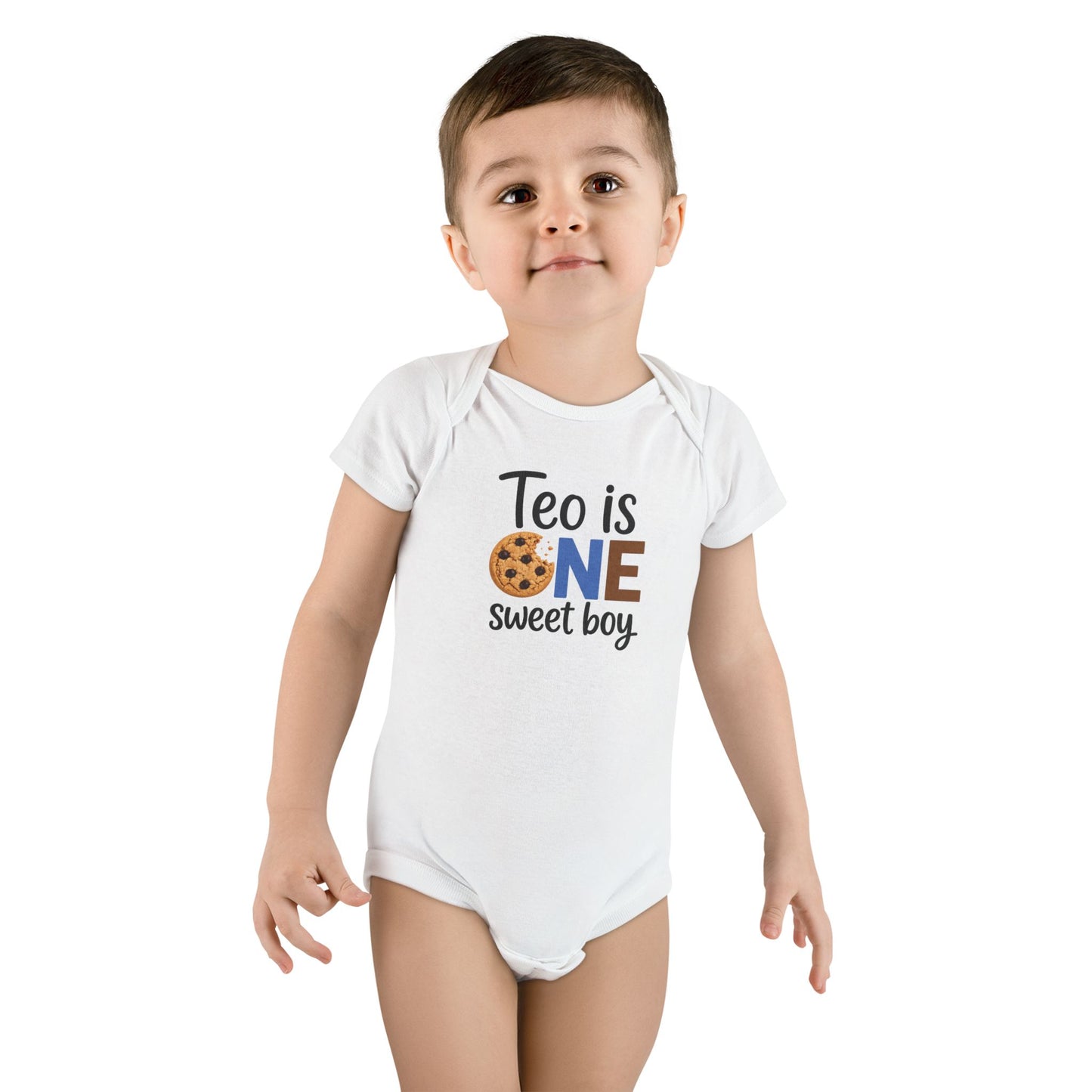 Baby Onesie - "Teo is ONE" Sweet Boy 1st Birthday Bodysuit (Cookie & Cow Print)