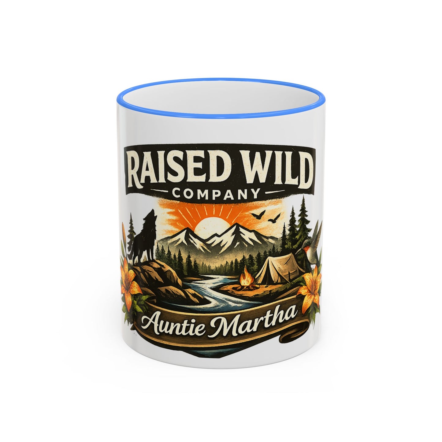 Raised Wild Camping Mug — Personalized 'Auntie Martha' Accent Rim & Handle