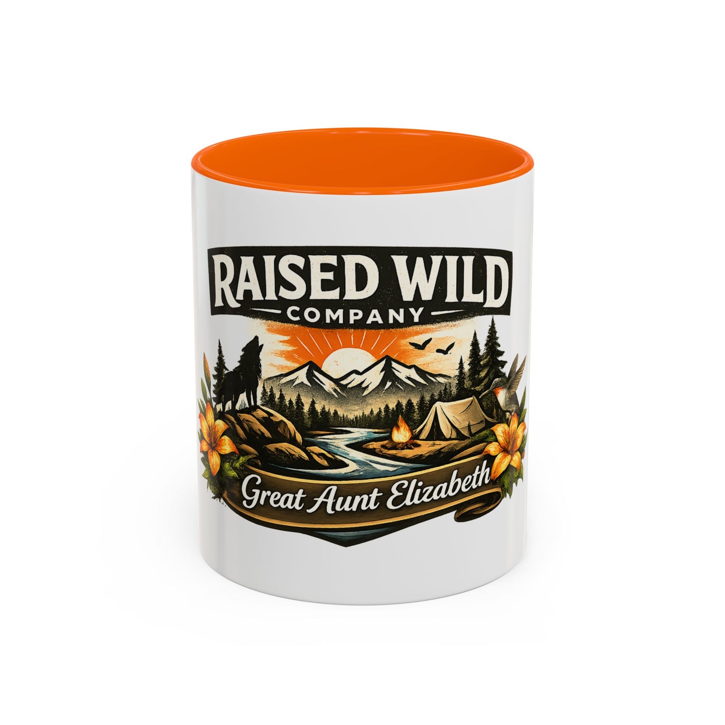 Raised Wild Coffee Mug – Personalized “Great Aunt Elizabeth” Camping Floral Design (11/15oz)