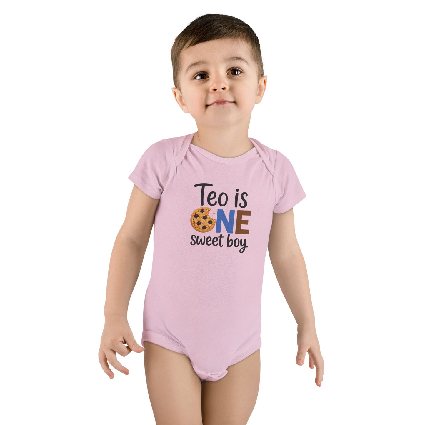 Baby Onesie - "Teo is ONE" Sweet Boy 1st Birthday Bodysuit (Cookie & Cow Print)