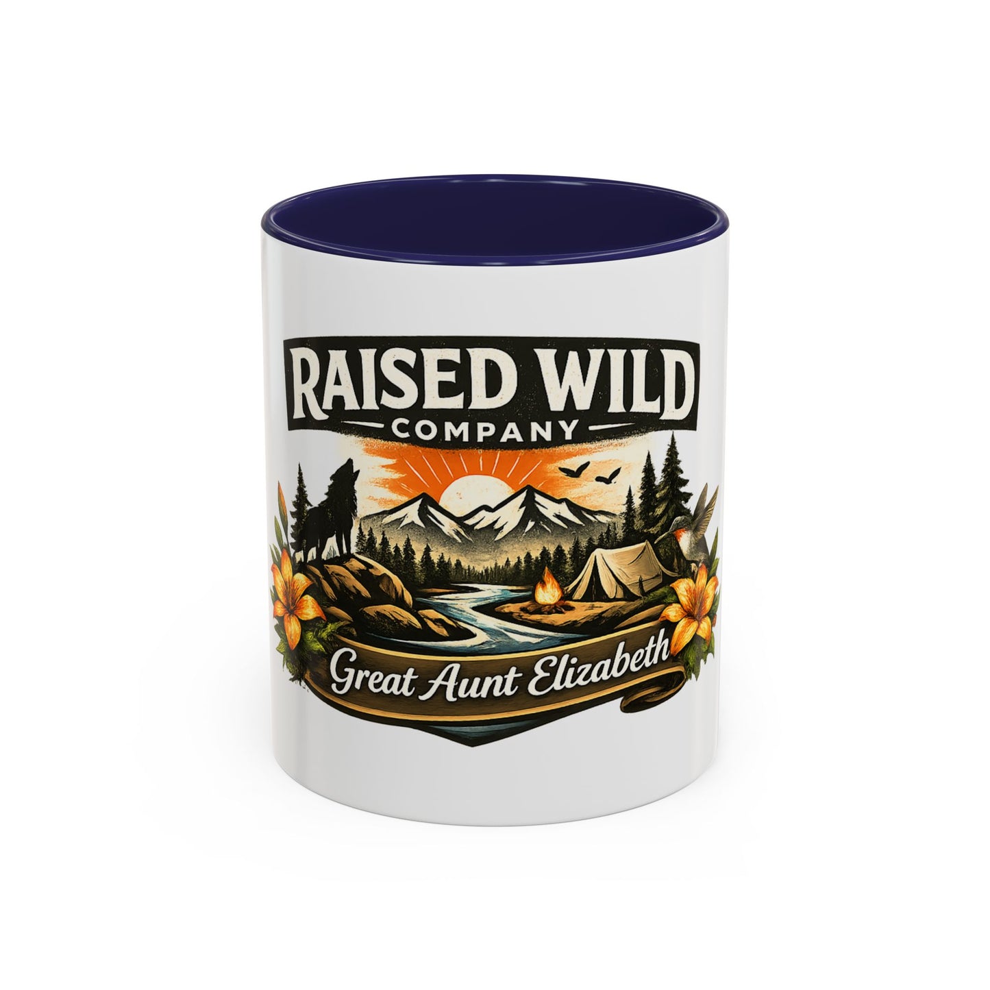 Raised Wild Coffee Mug – Personalized “Great Aunt Elizabeth” Camping Floral Design (11/15oz)