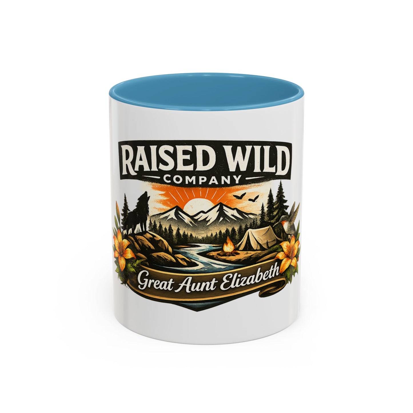 Raised Wild Coffee Mug – Personalized “Great Aunt Elizabeth” Camping Floral Design (11/15oz)