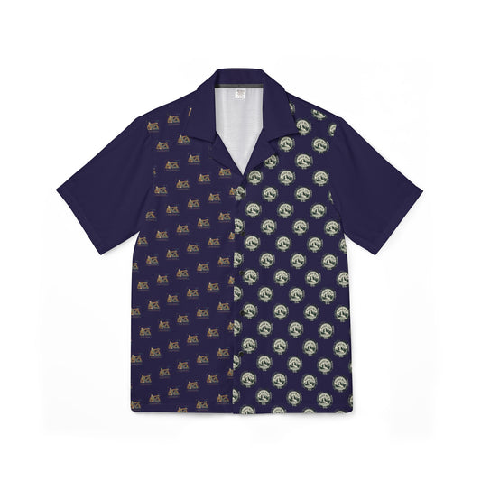 Men's White Hawaiian Camp Shirt with Repeating Cat Print – Casual Vacation Button-Up