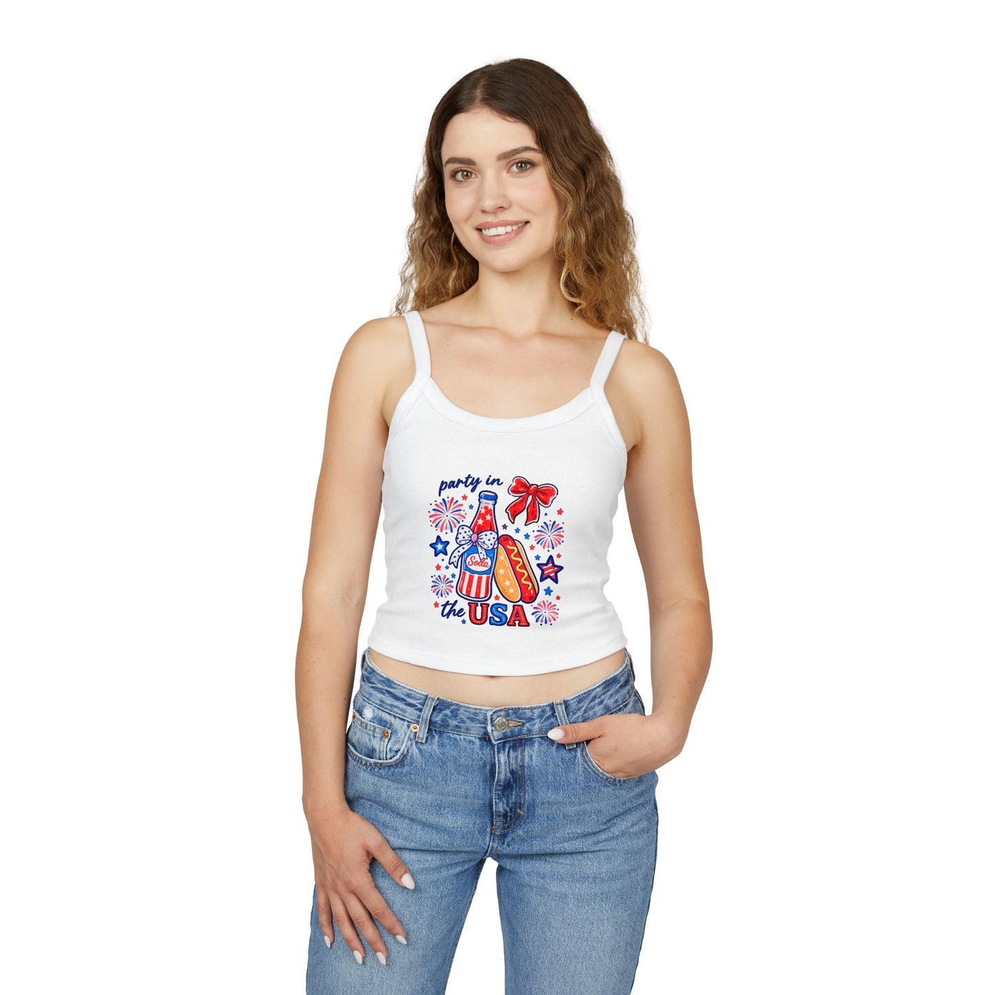 Patriotic 'Party in the USA' Women's Tank Top — 4th of July Hot Dog & Soda Graphic