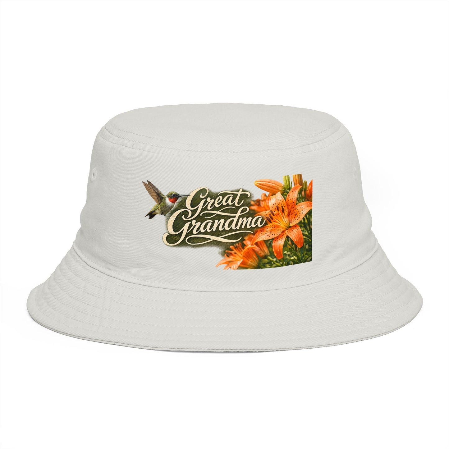 Great Grandma Floral Bucket Hat — Vintage Hummingbird & Lily Gift