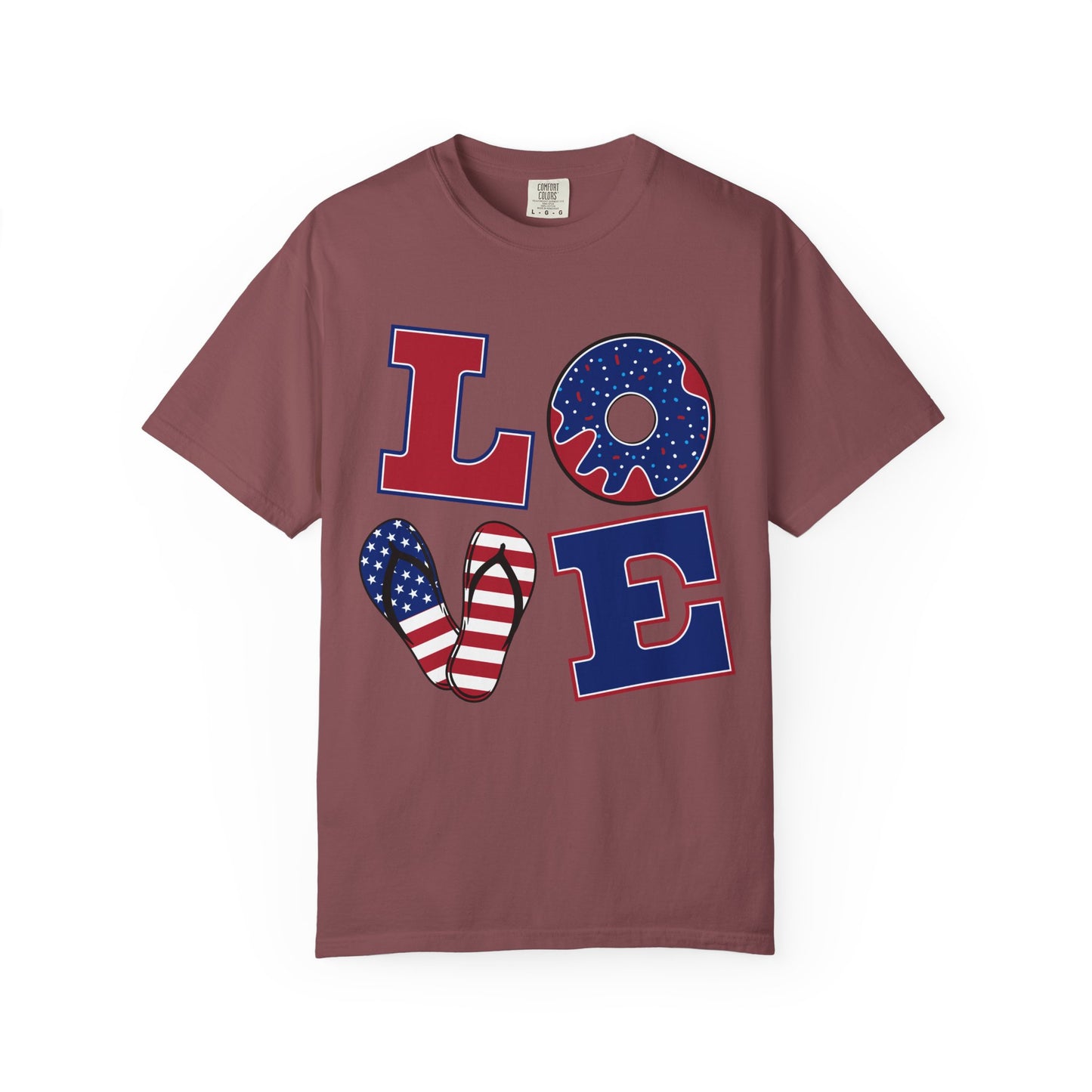 Patriotic LOVE Graphic T-shirt | American Flag Donut Stars & Stripes